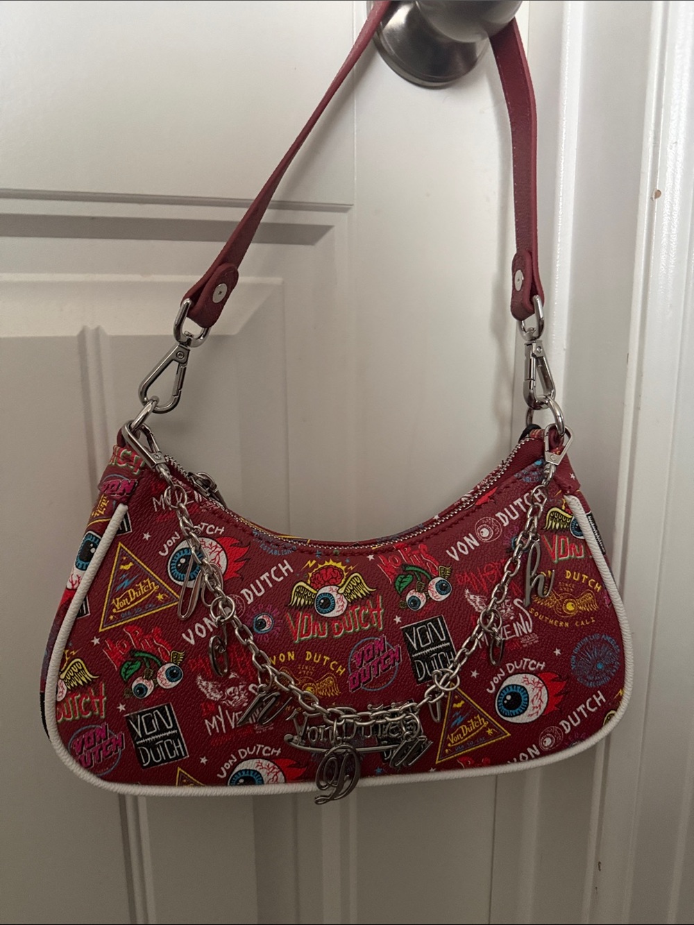 Von Dutch Red Logo & Graphic Patch Shoulder Bag with Chain Detail